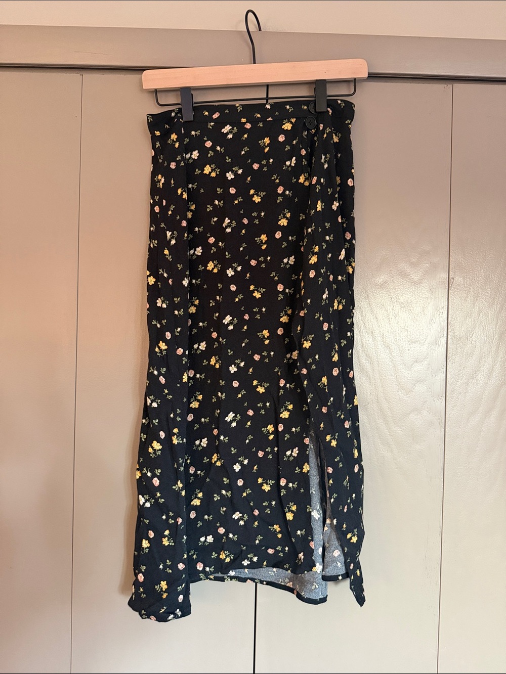 Reformation black floral midi skirt with cream and green accents